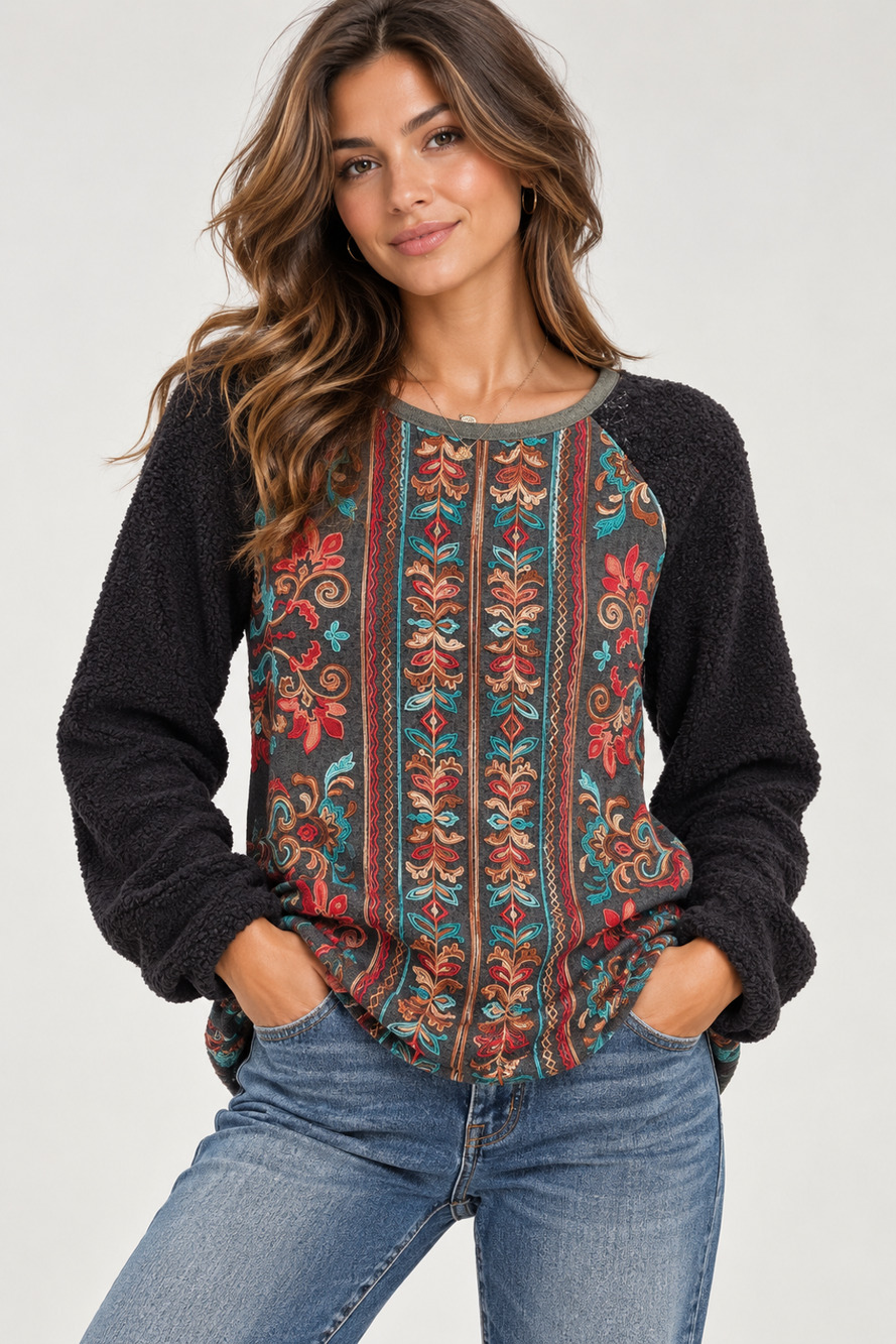 Umgee Size Large Long Sleeve Black Multi Color Embroidered Tunic Top Casual Boho